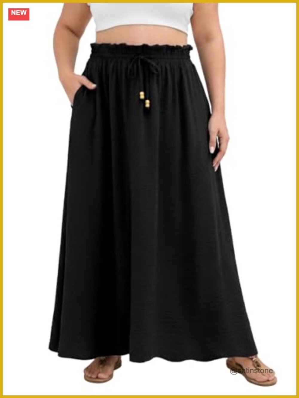 Plus Size Maxi Skirt Pleated Elastic Waist A-Line Swing with Pockets
